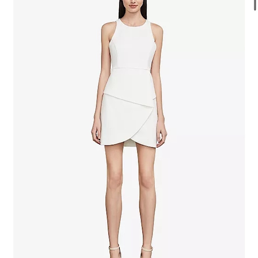 BCBGMaxAzria Lace-Up-Back Halter Asymmetrical Wrap Mini Short Dress,Cream,Size 8